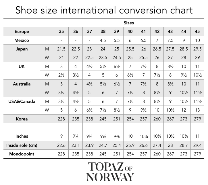 practical information topaz of norway winter boots and women s international shoe conversion chart