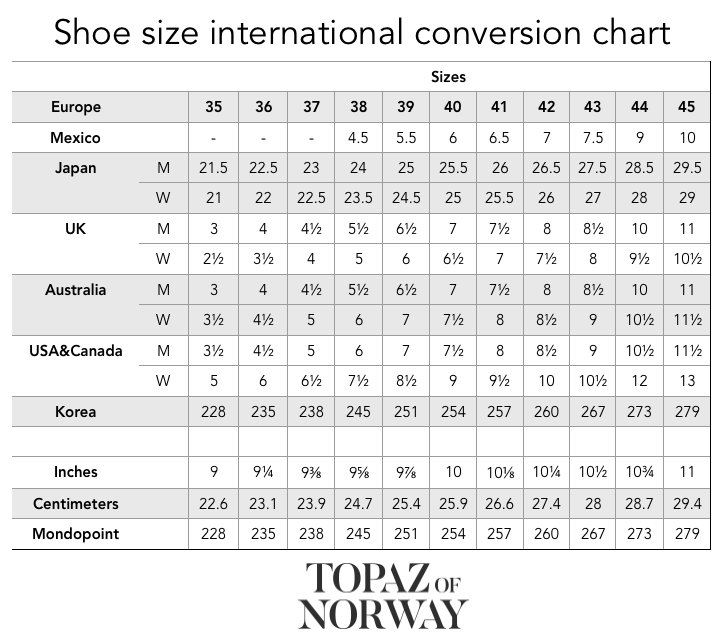 international women's shoe size chart